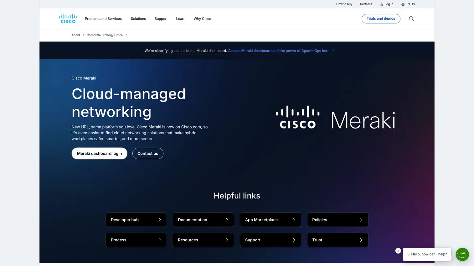 Cisco Meraki cloud dashboard showing centralized network management across distributed sites and security appliances