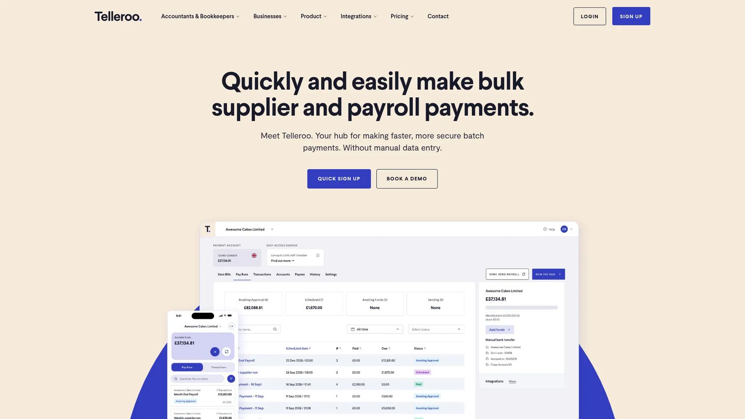 Telleroo payments dashboard for business payouts