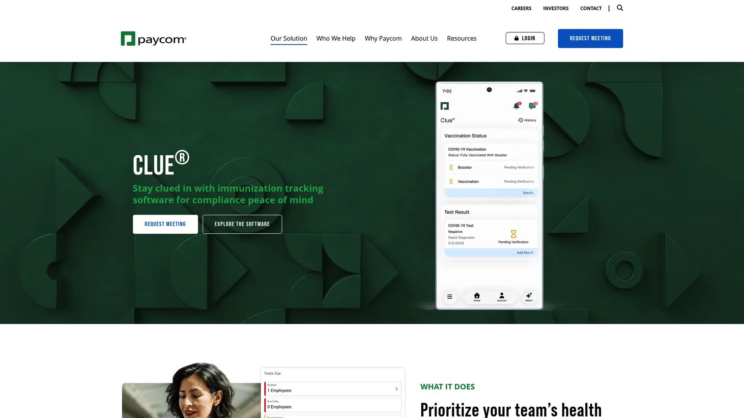 Paycom Clue employee vaccination tracking dashboard with test schedules and workforce reporting