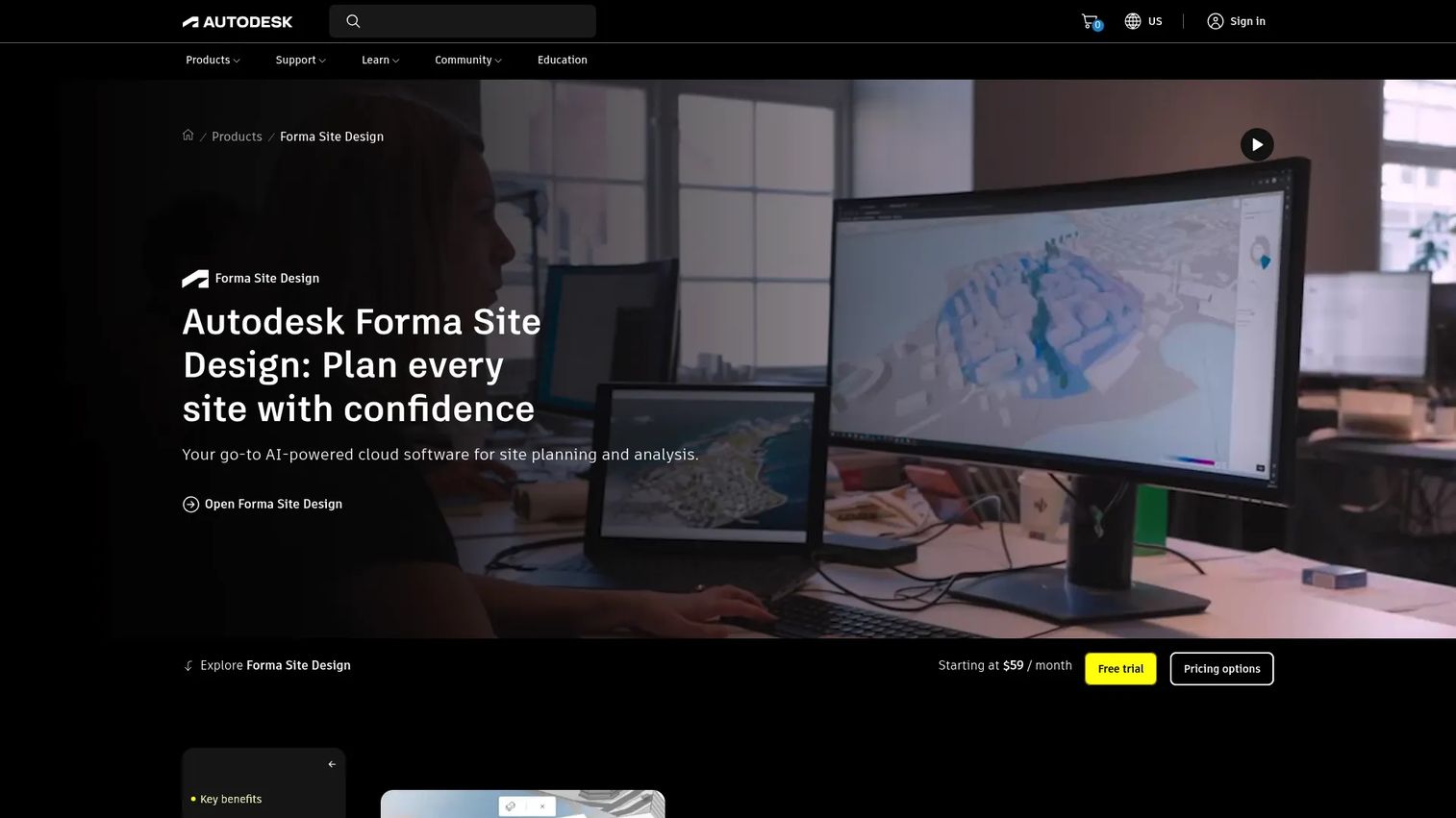 Autodesk Forma showing early-stage site analysis.