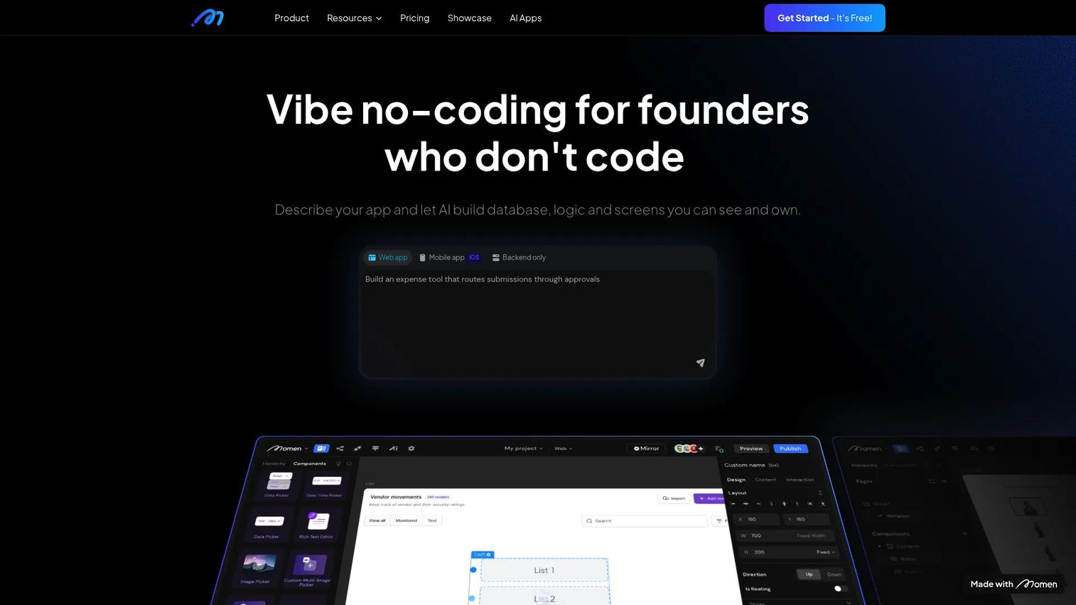 Momen full-stack app builder showing a visual app with backend workflow editor