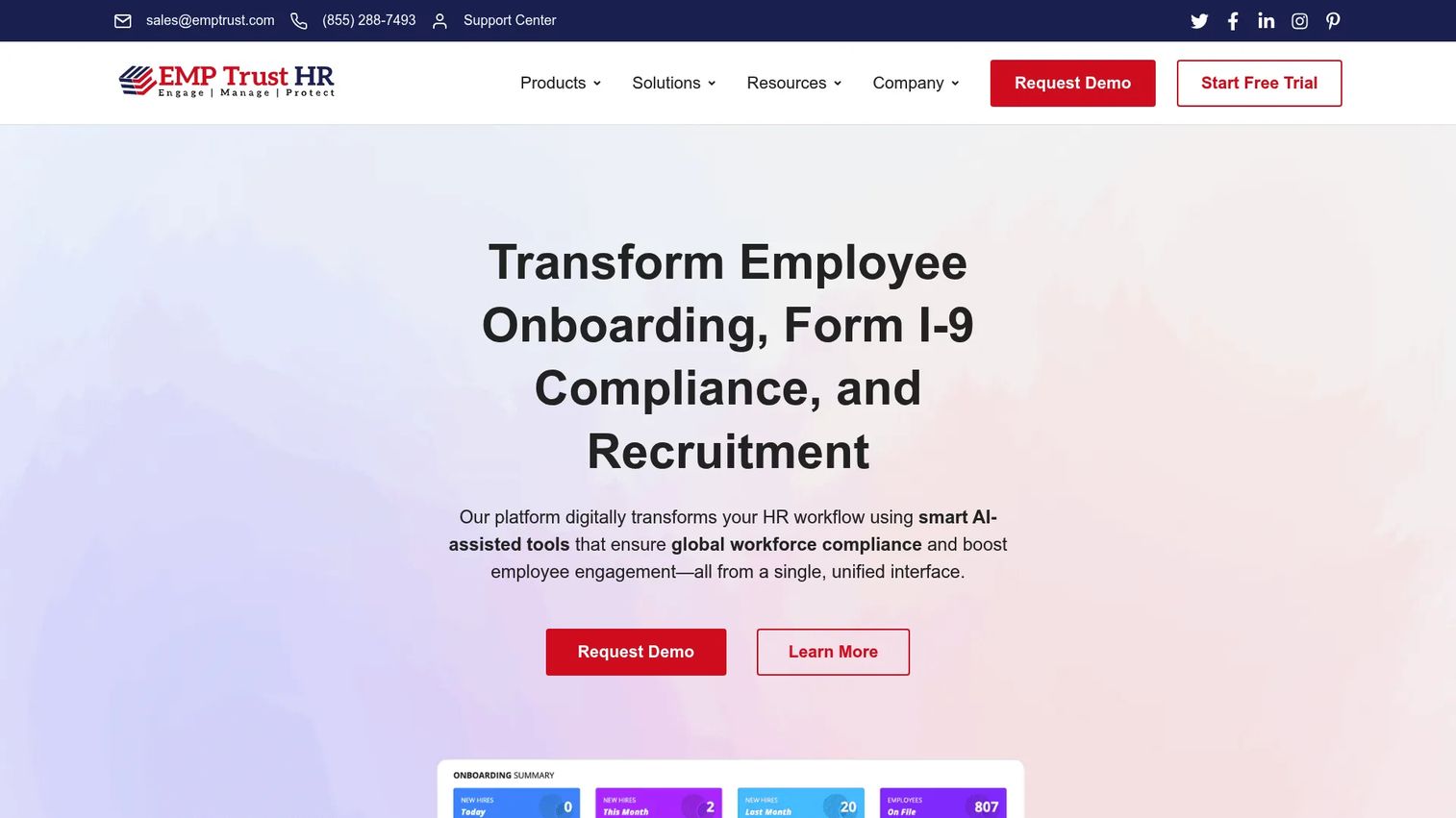 EMPTrust employee onboarding and HR compliance platform showing I-9 verification, onboarding workflows, and employee records