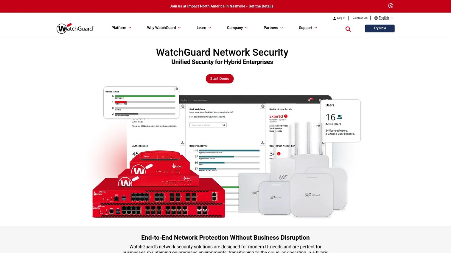 WatchGuard network security product page showing Firebox appliance and security services portfolio