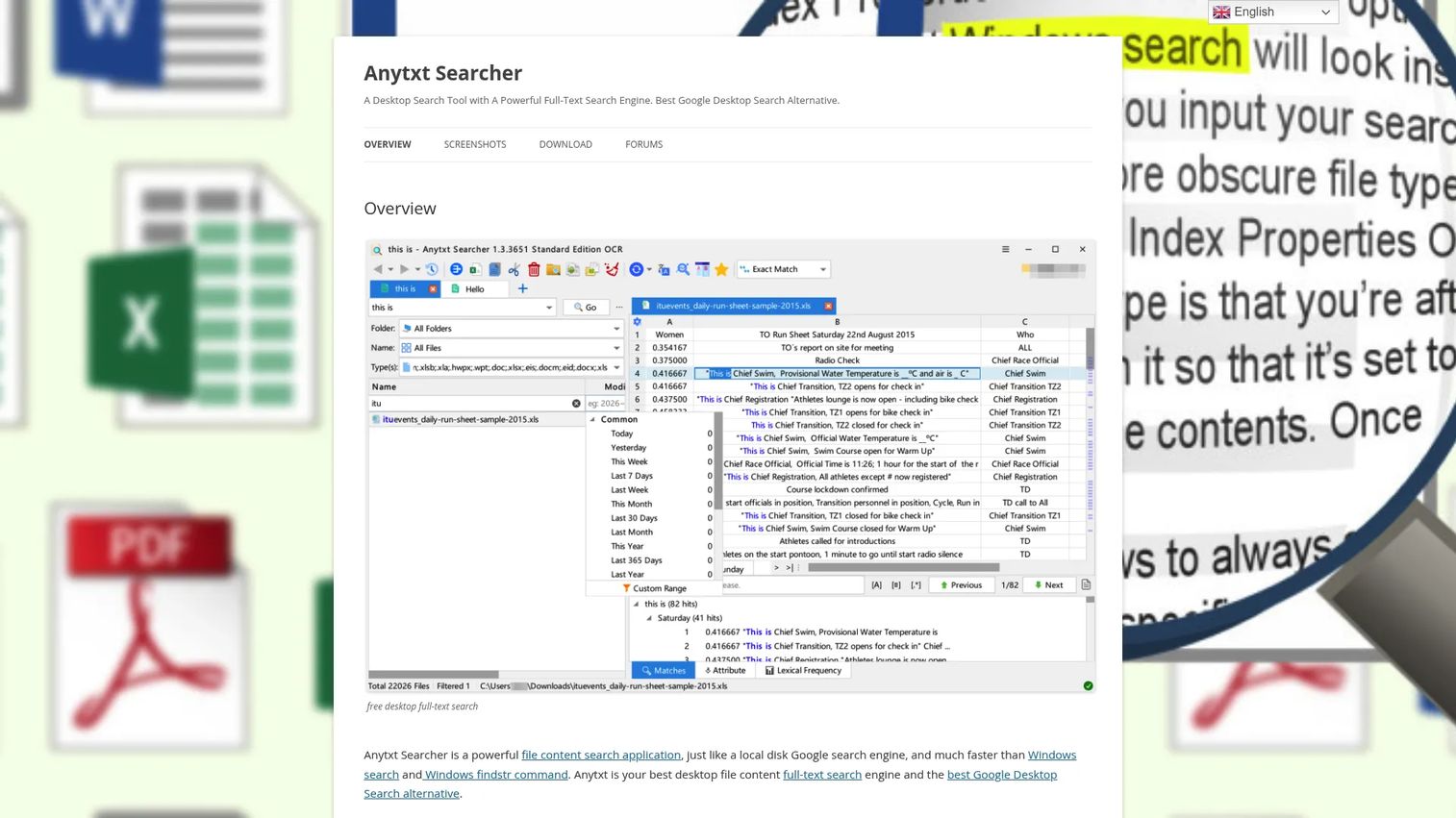 AnyTXT Searcher interface showing full-text document search
