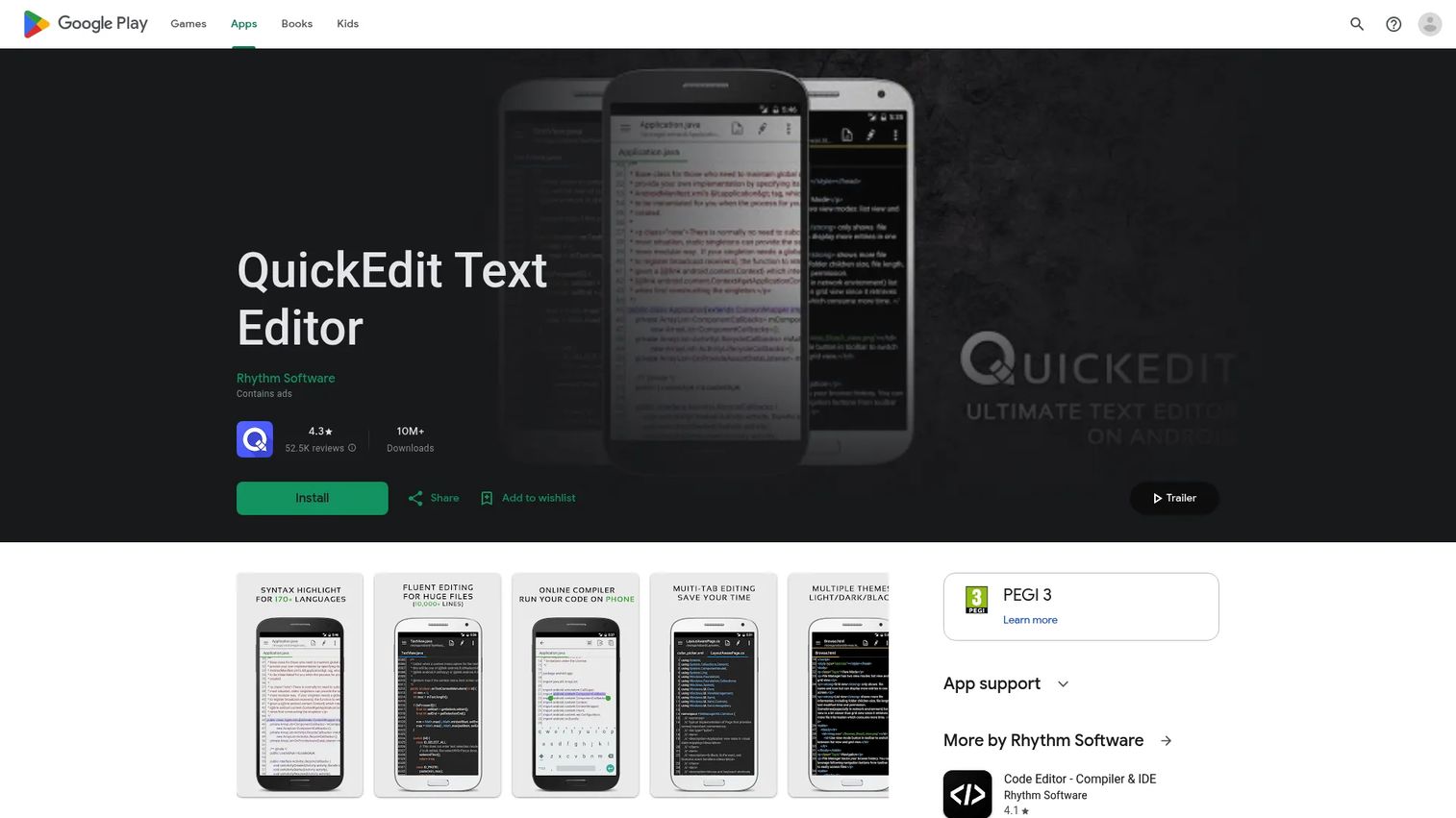 QuickEdit Text Editor on Android showing code syntax highlighting