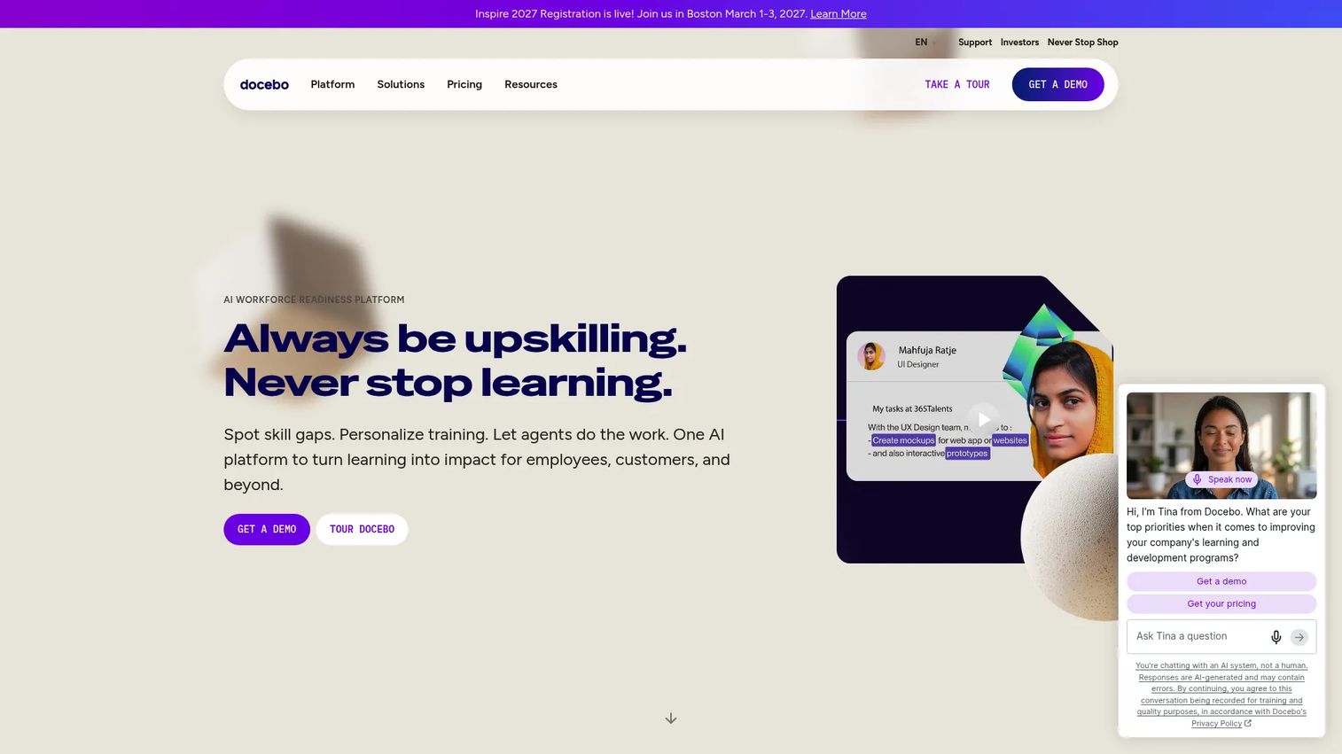 Docebo enterprise LMS for employee and customer learning homepage
