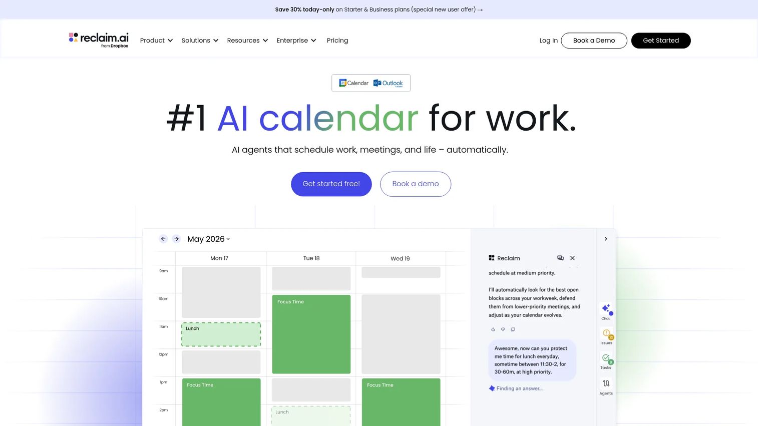 Reclaim.ai productivity bot reserving focus time and organizing a work calendar.
