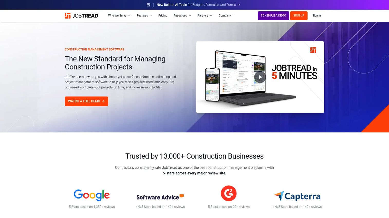 JobTread dashboard for construction job costing and project reporting