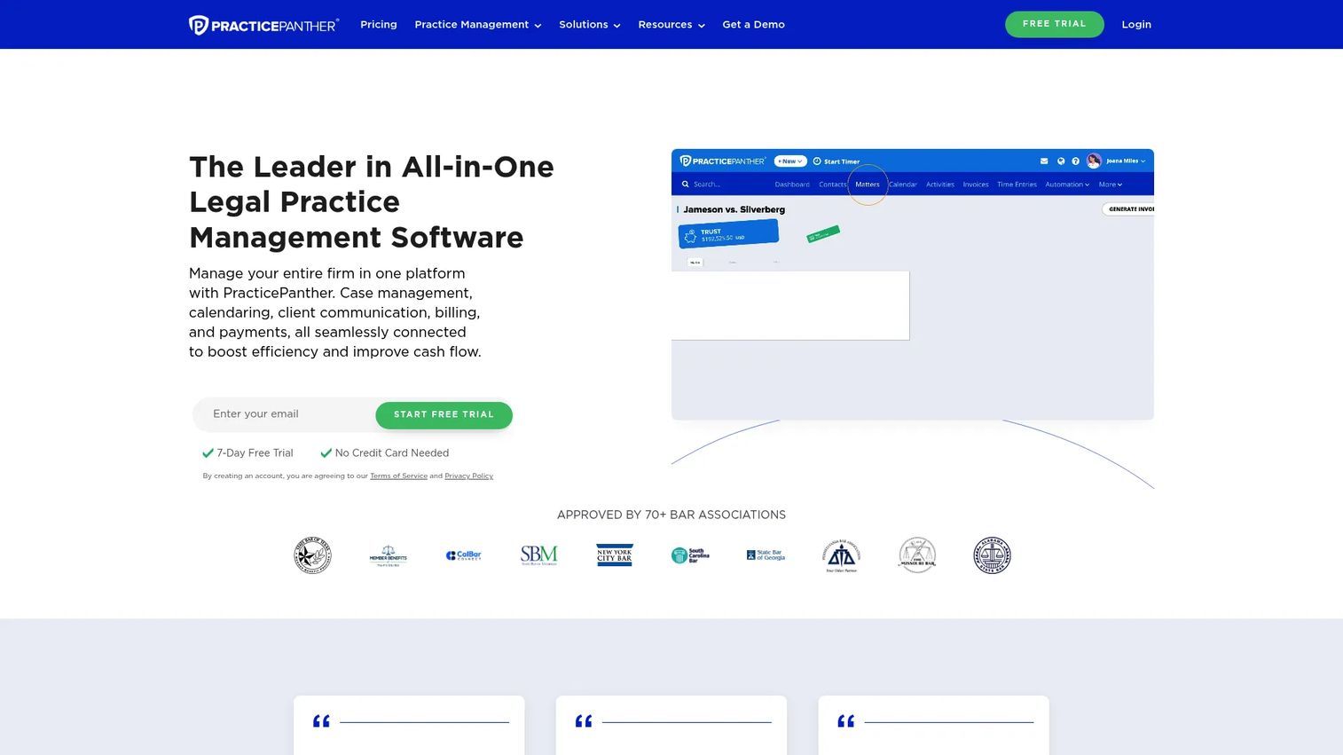 PracticePanther dashboard showing billing, matters, and payments