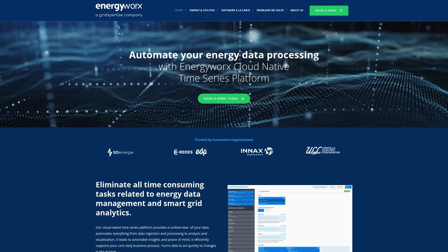 Energyworx platform homepage showing cloud-native energy data management and smart grid analytics