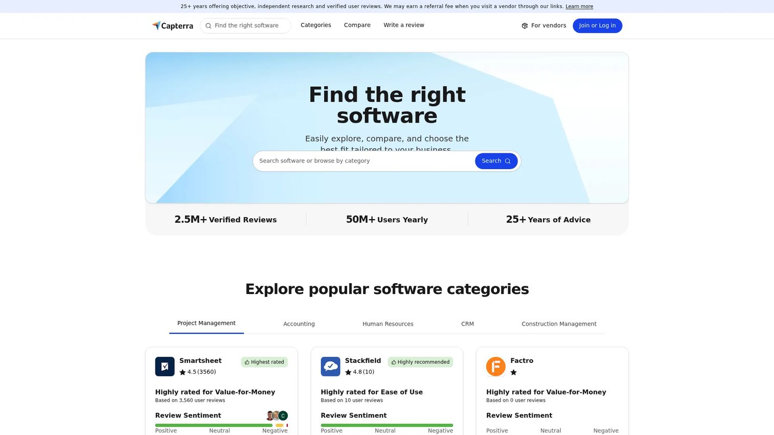 Capterra software directory showing category filters, product cards, and buyer ratings
