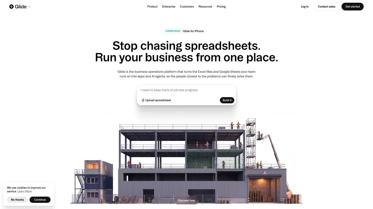 Glide app builder showing a data-driven business app built from a spreadsheet