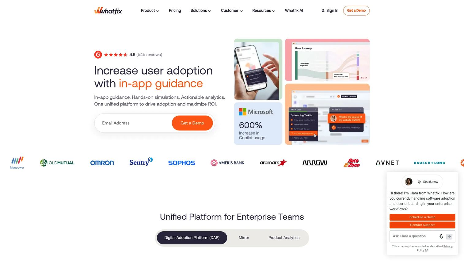 Whatfix homepage screenshot
