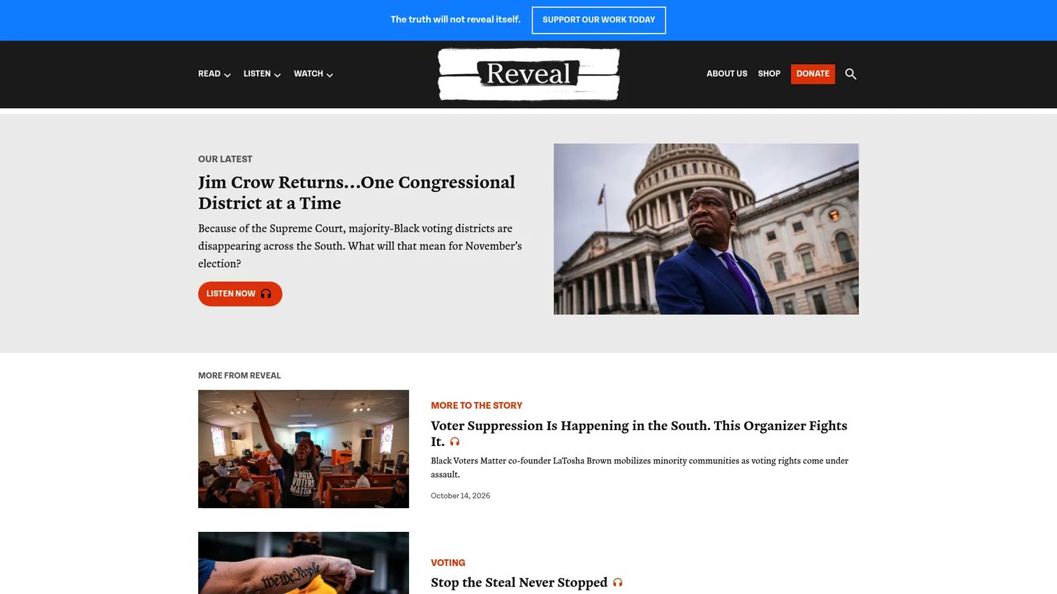 Reveal from the Center for Investigative Reporting homepage showing investigative audio journalism