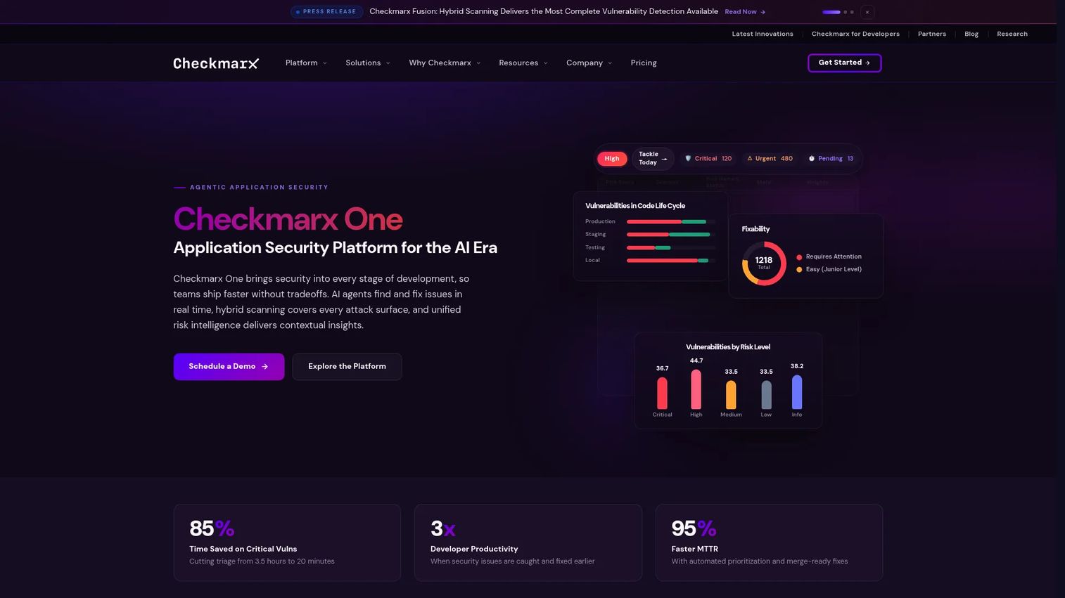 Checkmarx One dashboard for application security findings and risk prioritization