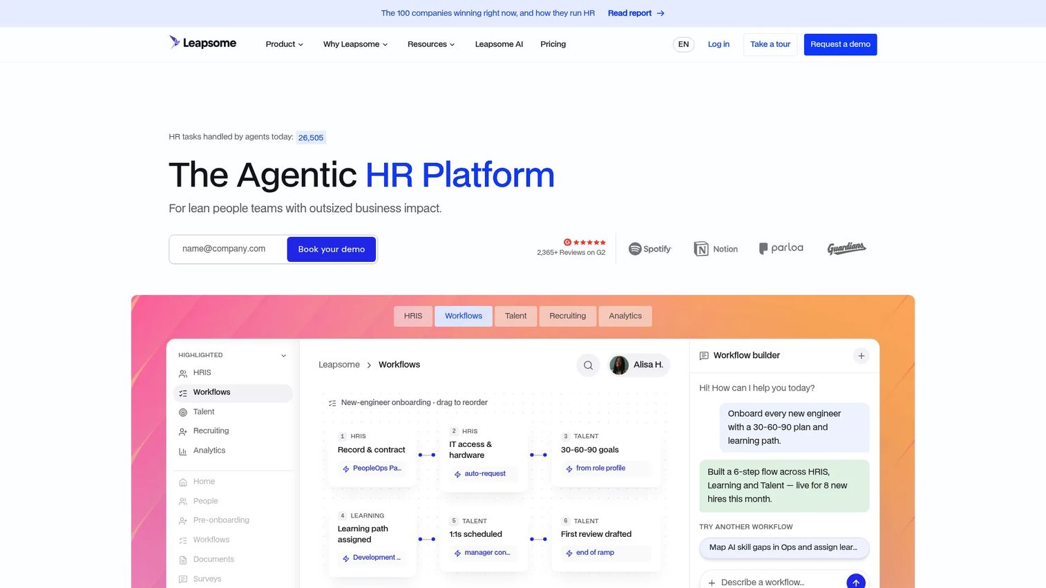 Leapsome HR and performance management platform showing 360-degree feedback, OKRs, and people analytics