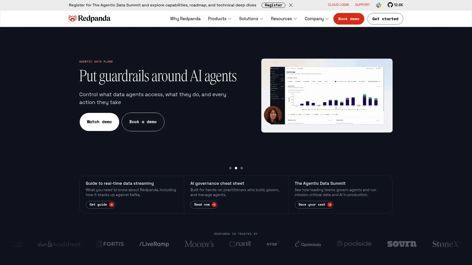 Redpanda homepage showing the Kafka-compatible streaming data platform