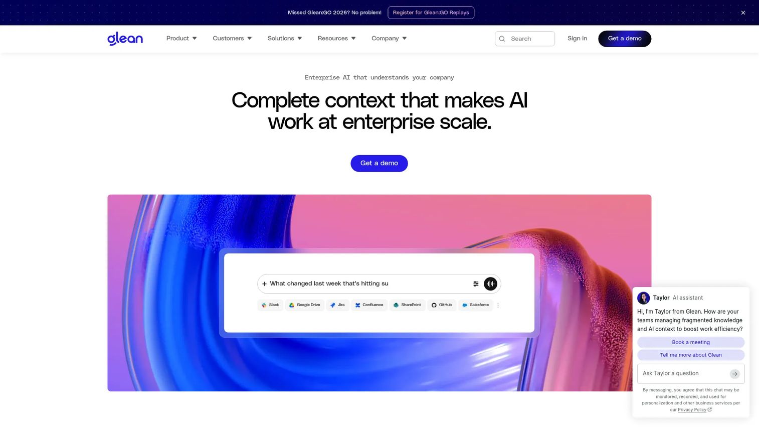 Glean workplace search interface showing grounded answers from enterprise applications