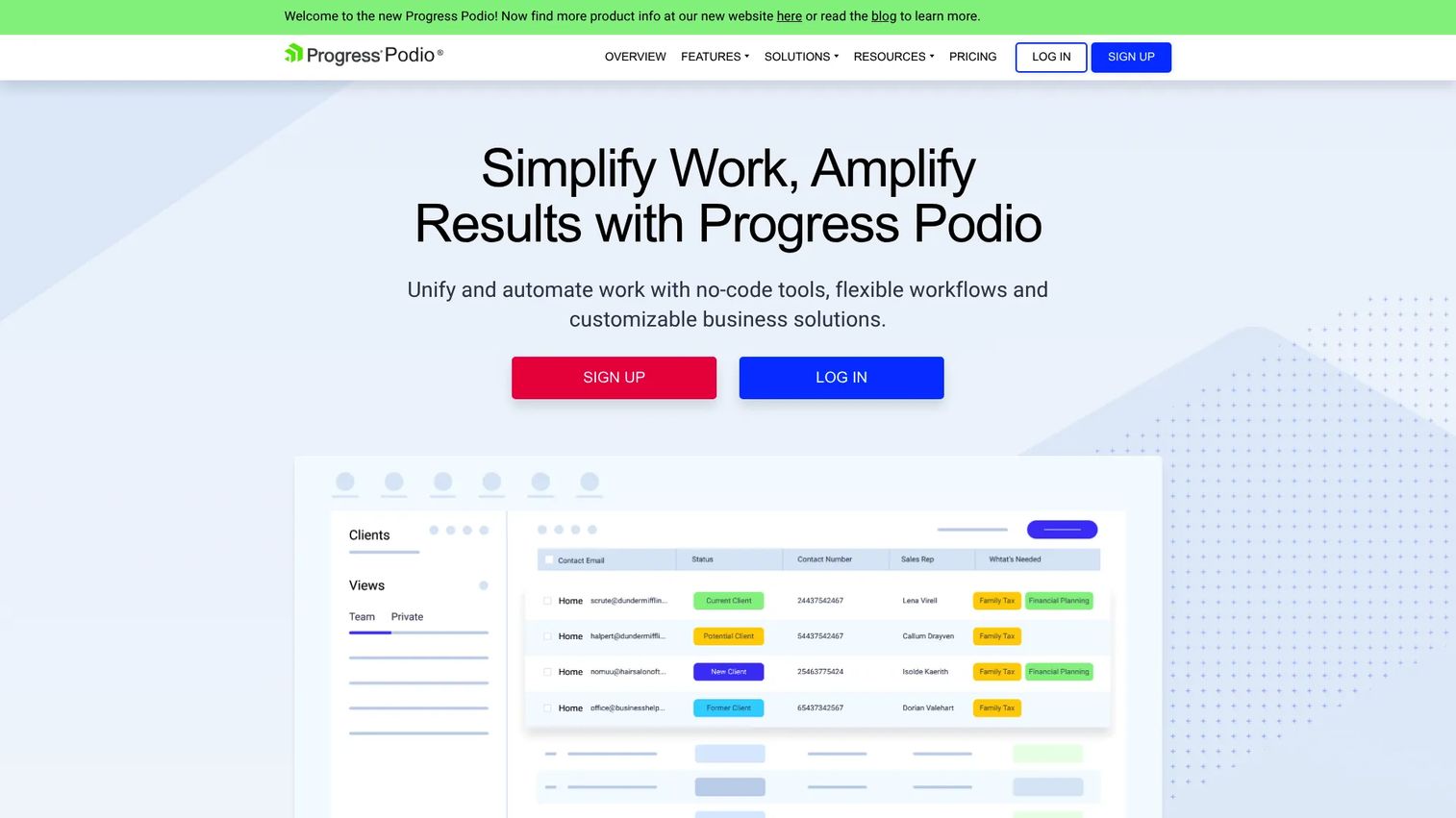 Podio custom workflow and project view