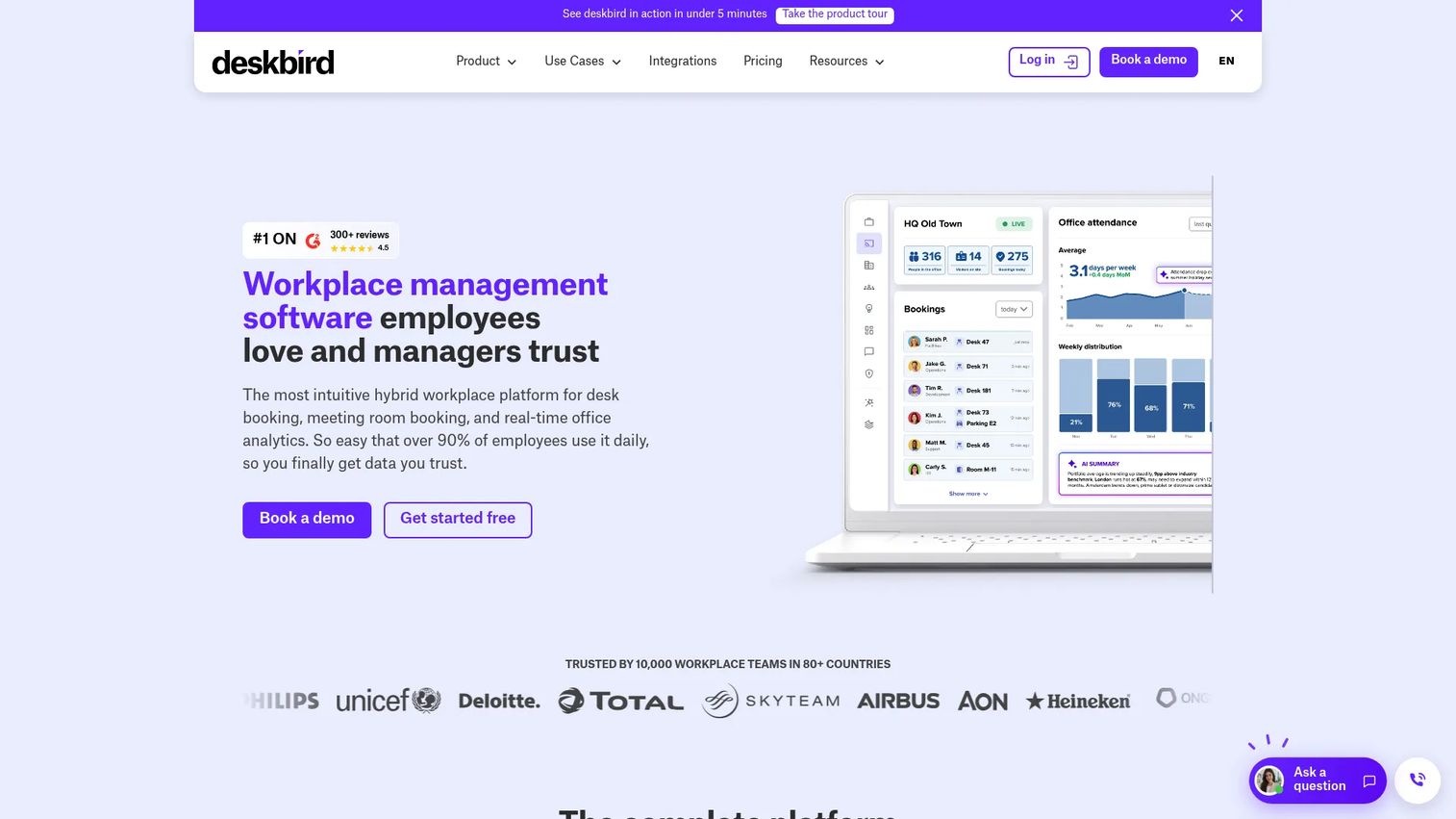 deskbird employee desk booking interface and team attendance view