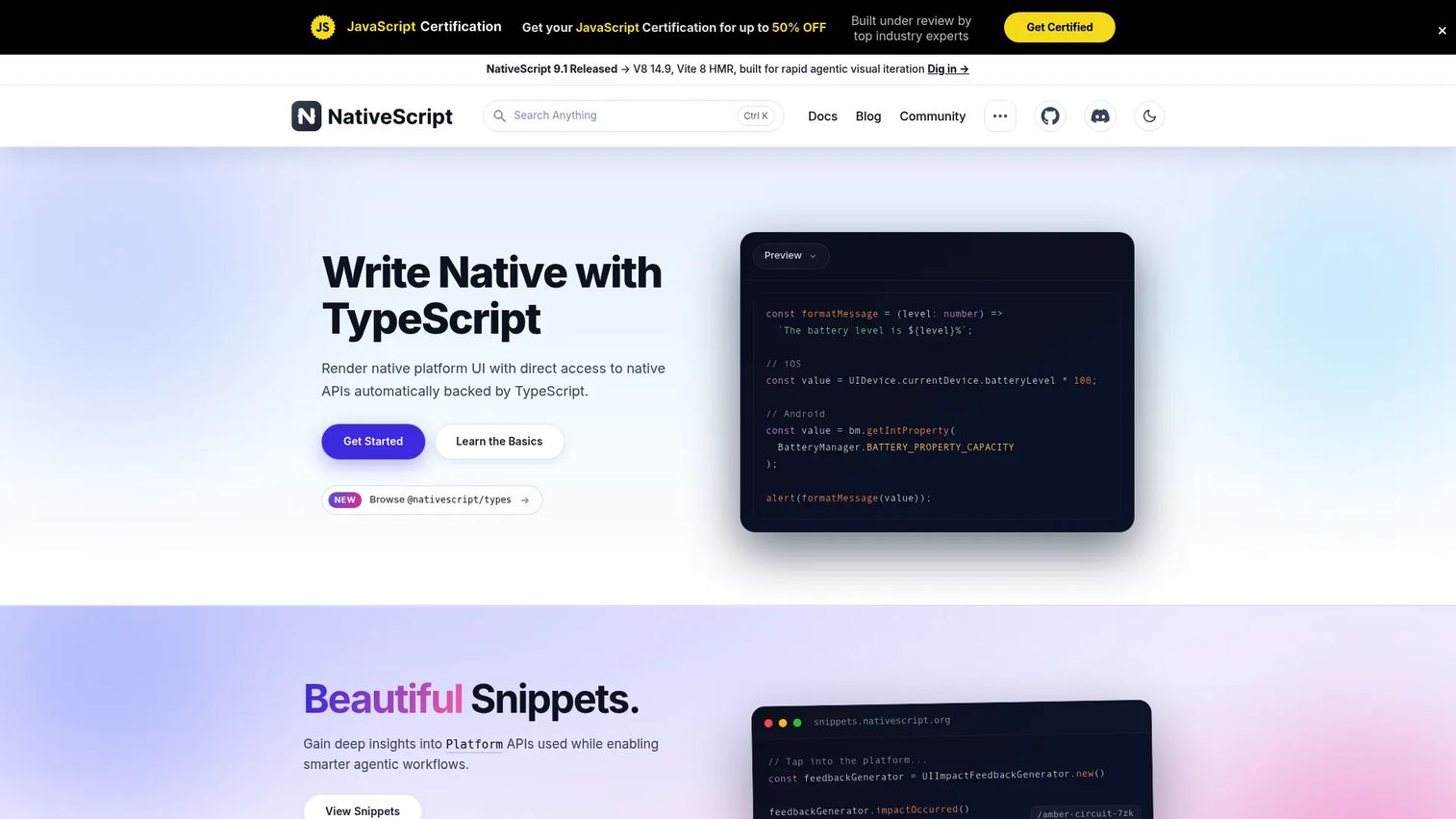 NativeScript framework using TypeScript to build native mobile interfaces
