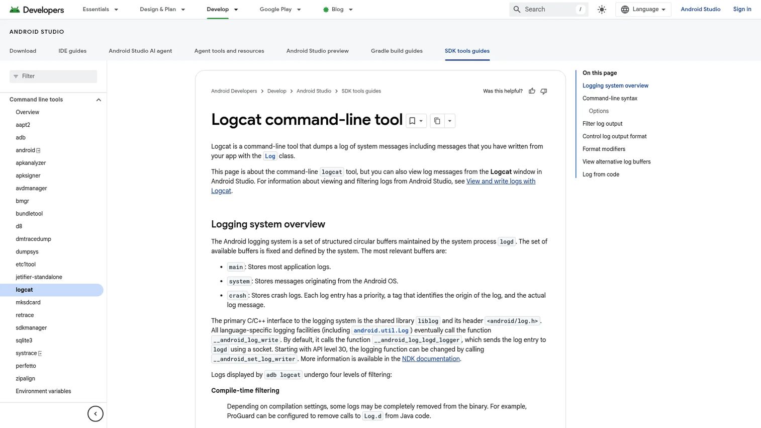 Logcat Android log filtering tool interface