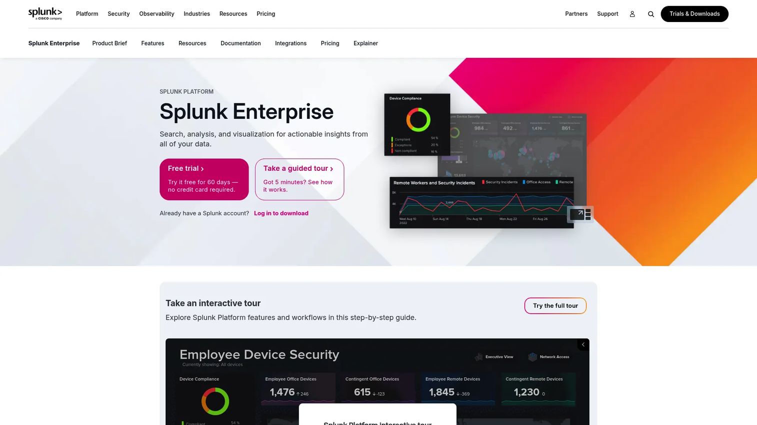 Splunk Enterprise log search, dashboards, and machine-data analytics