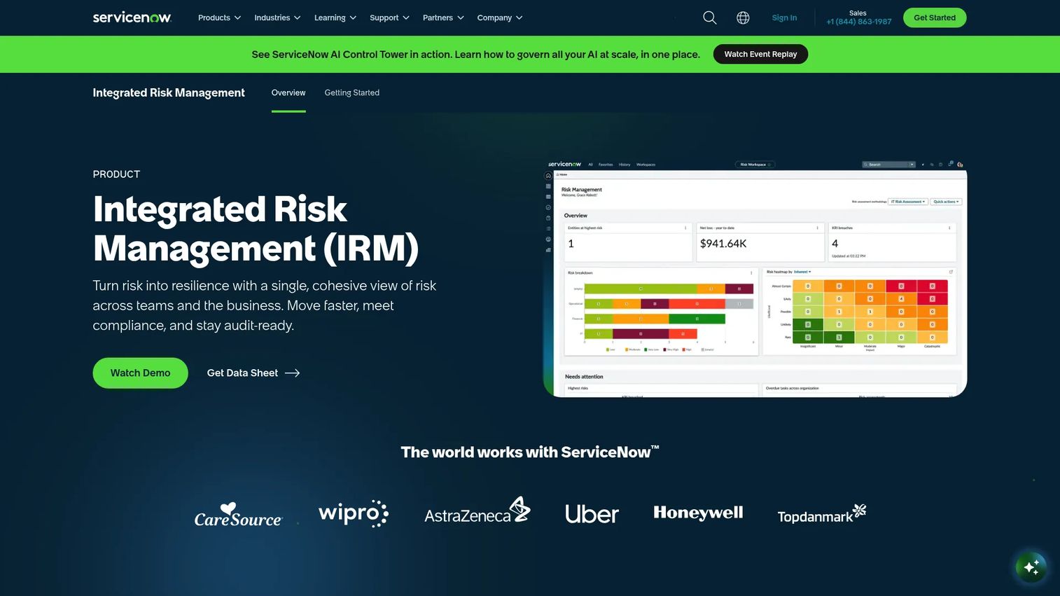 ServiceNow Integrated Risk Management platform showing risk workflows, controls dashboard, and compliance tracking workspace