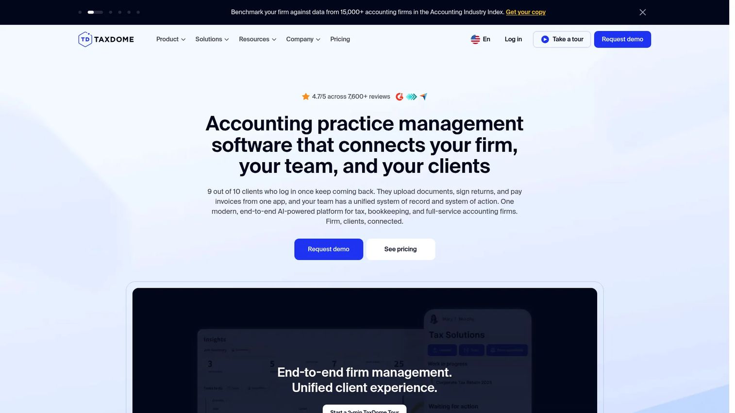 TaxDome accounting practice management dashboard with client portal and workflows.