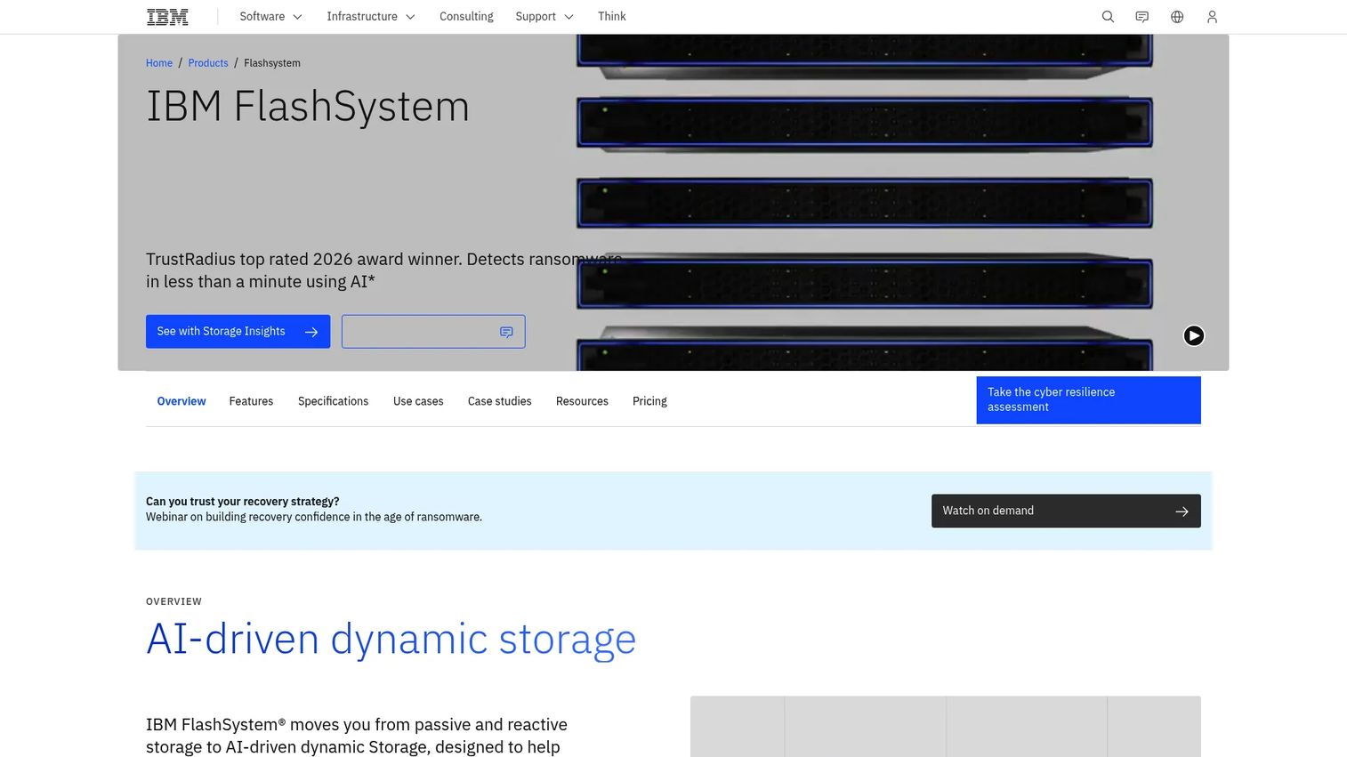 IBM FlashSystem enterprise block storage management dashboard.