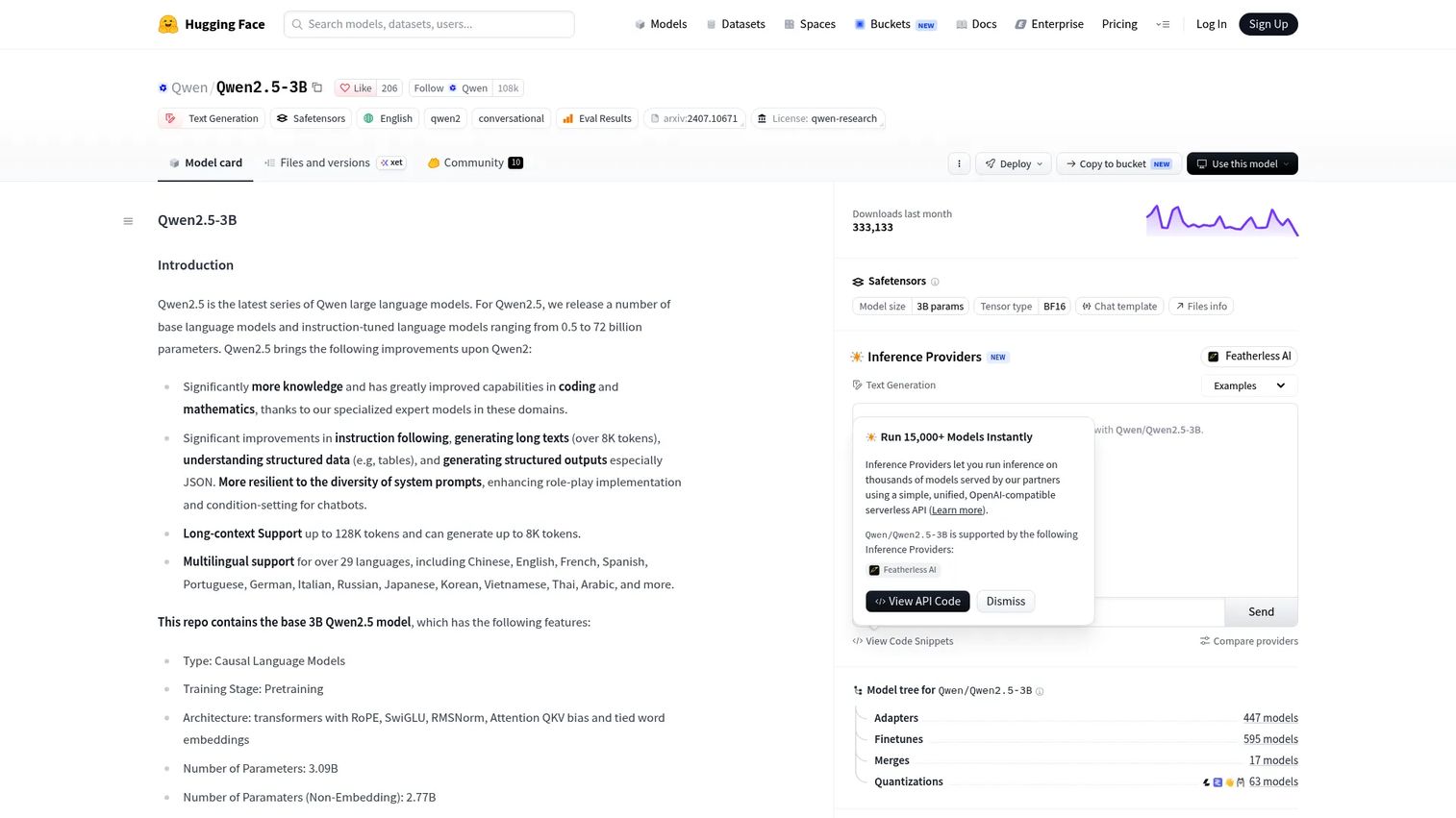 Qwen2.5-3B official model card for multilingual compact text AI