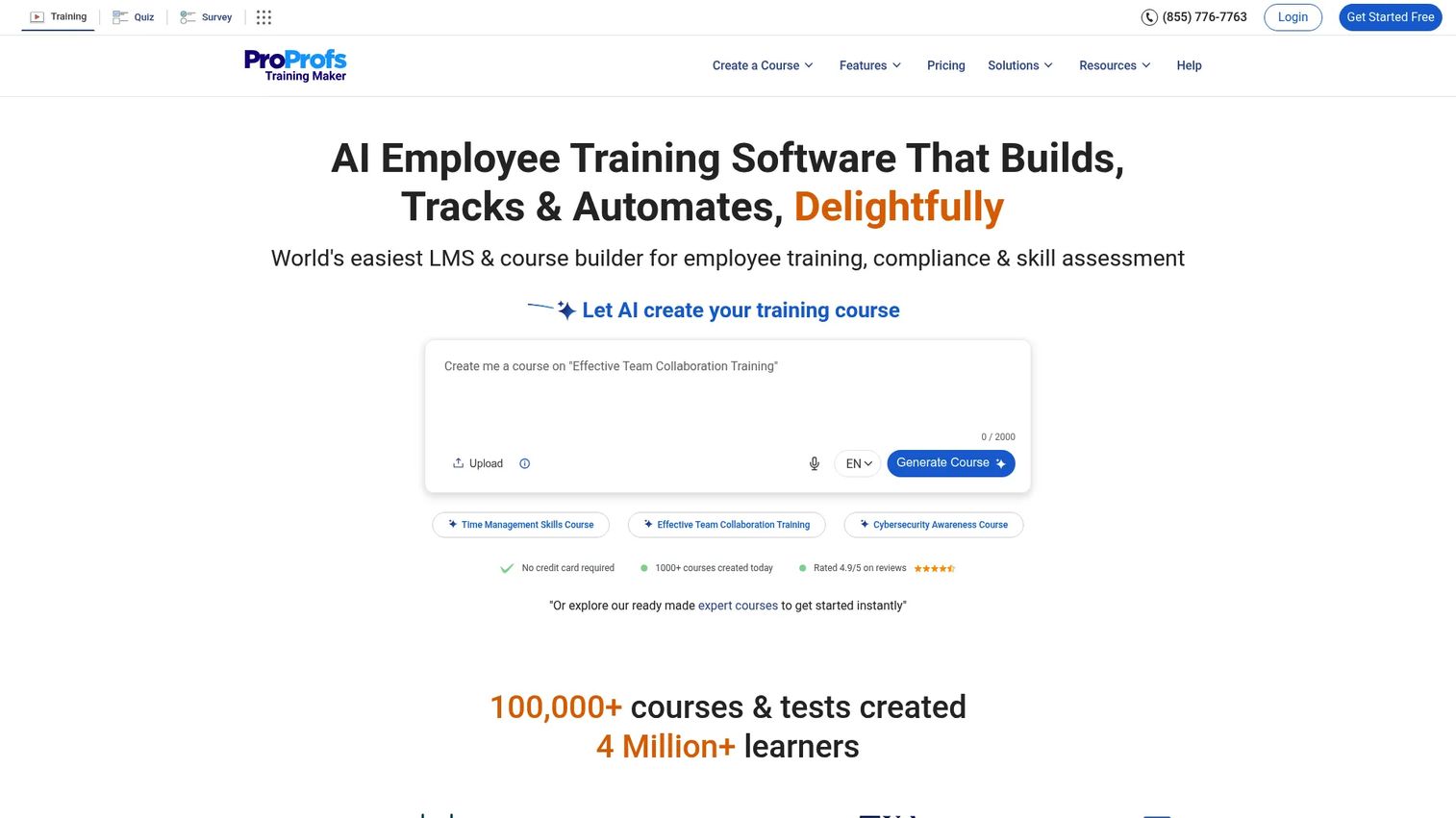 ProProfs Training Maker homepage screenshot showing the course builder and LMS interface