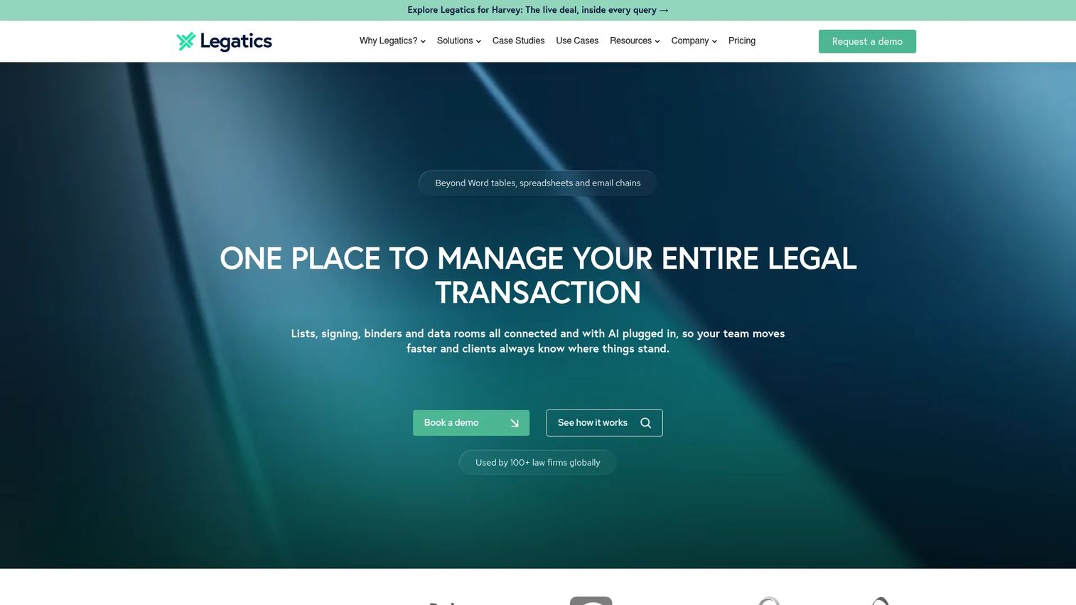 Legatics homepage showing legal transaction list management and deal workflow features