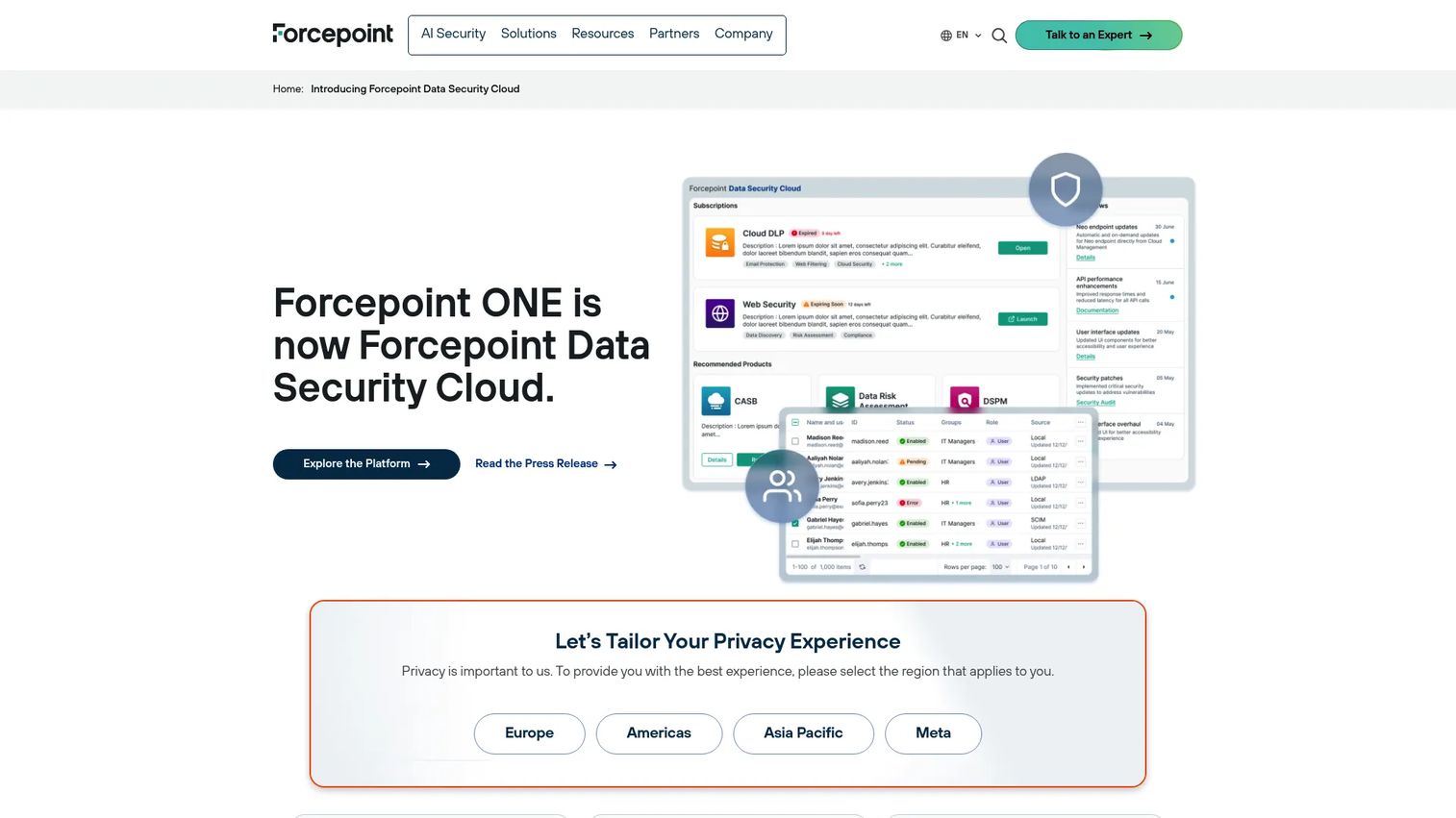 Forcepoint Data Security Cloud DLP and DSPM dashboard