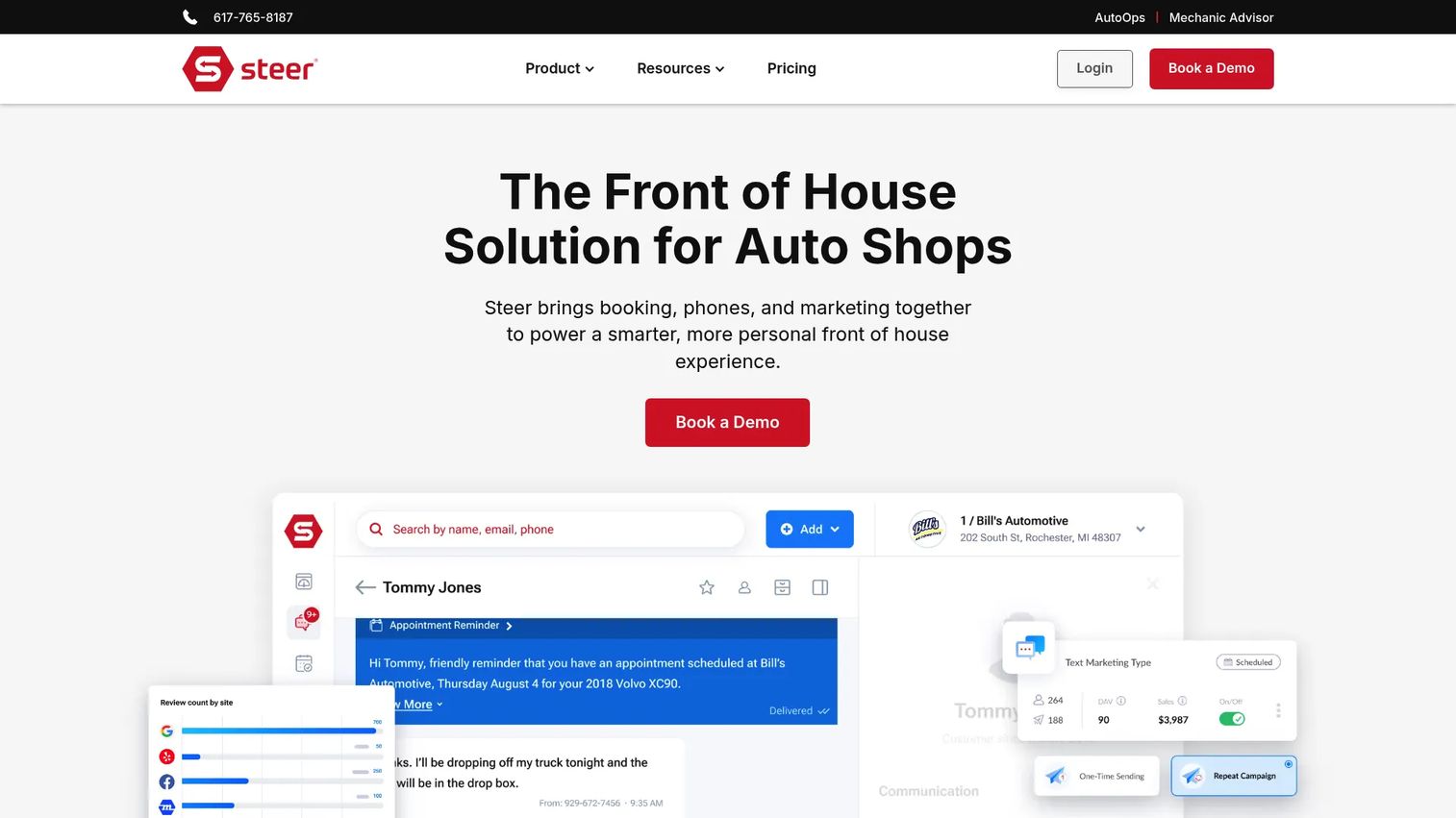 Steer dealership communication platform for text messages, reviews, and customer engagement