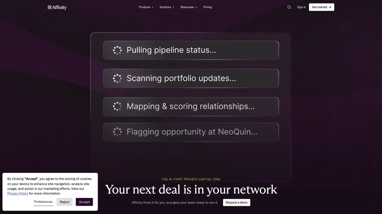Affinity CRM interface for venture capital relationship management and deal tracking
