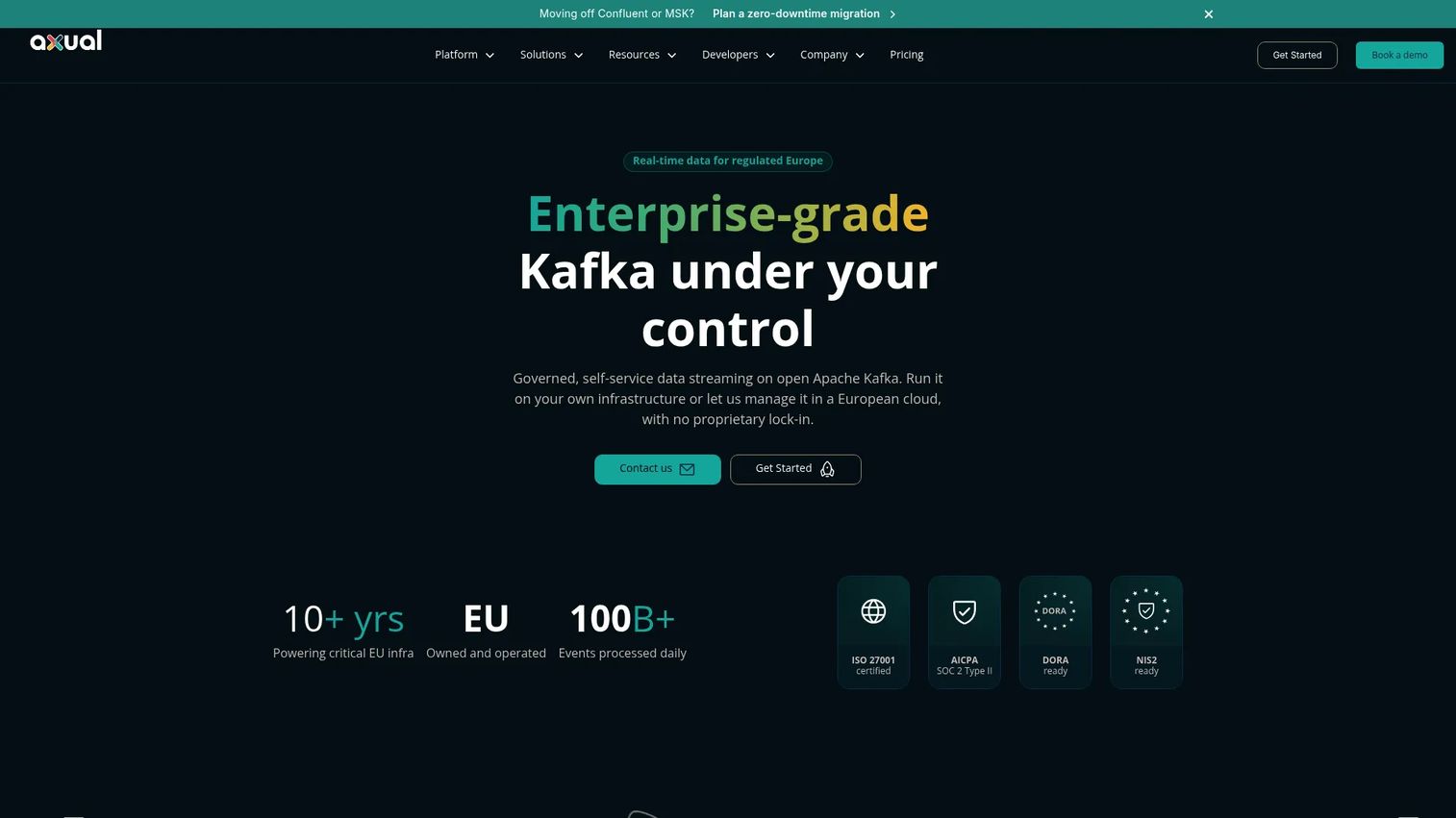 Axual Platform homepage showing the enterprise Kafka platform