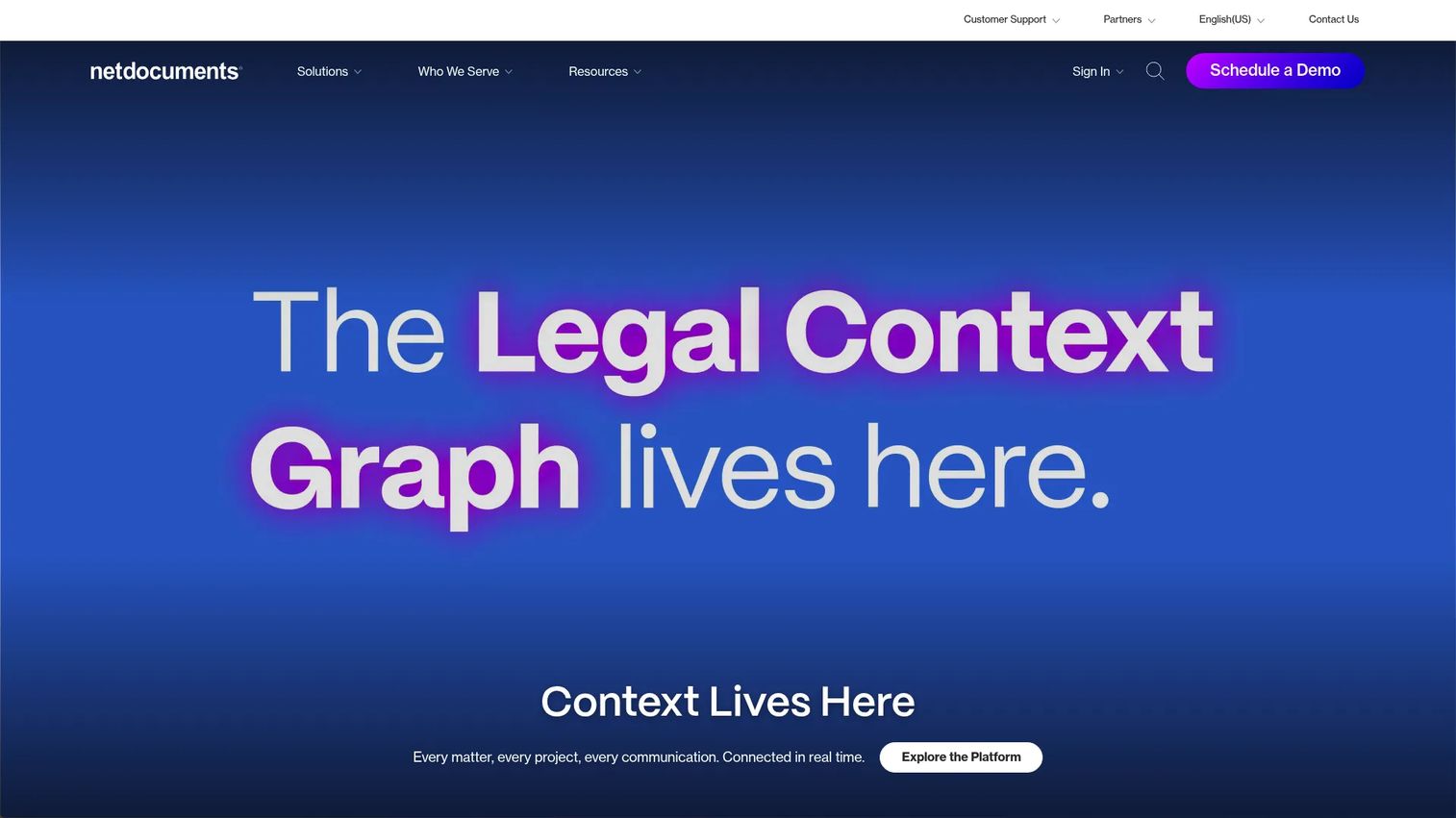 NetDocuments homepage showing document management and legal workflow features