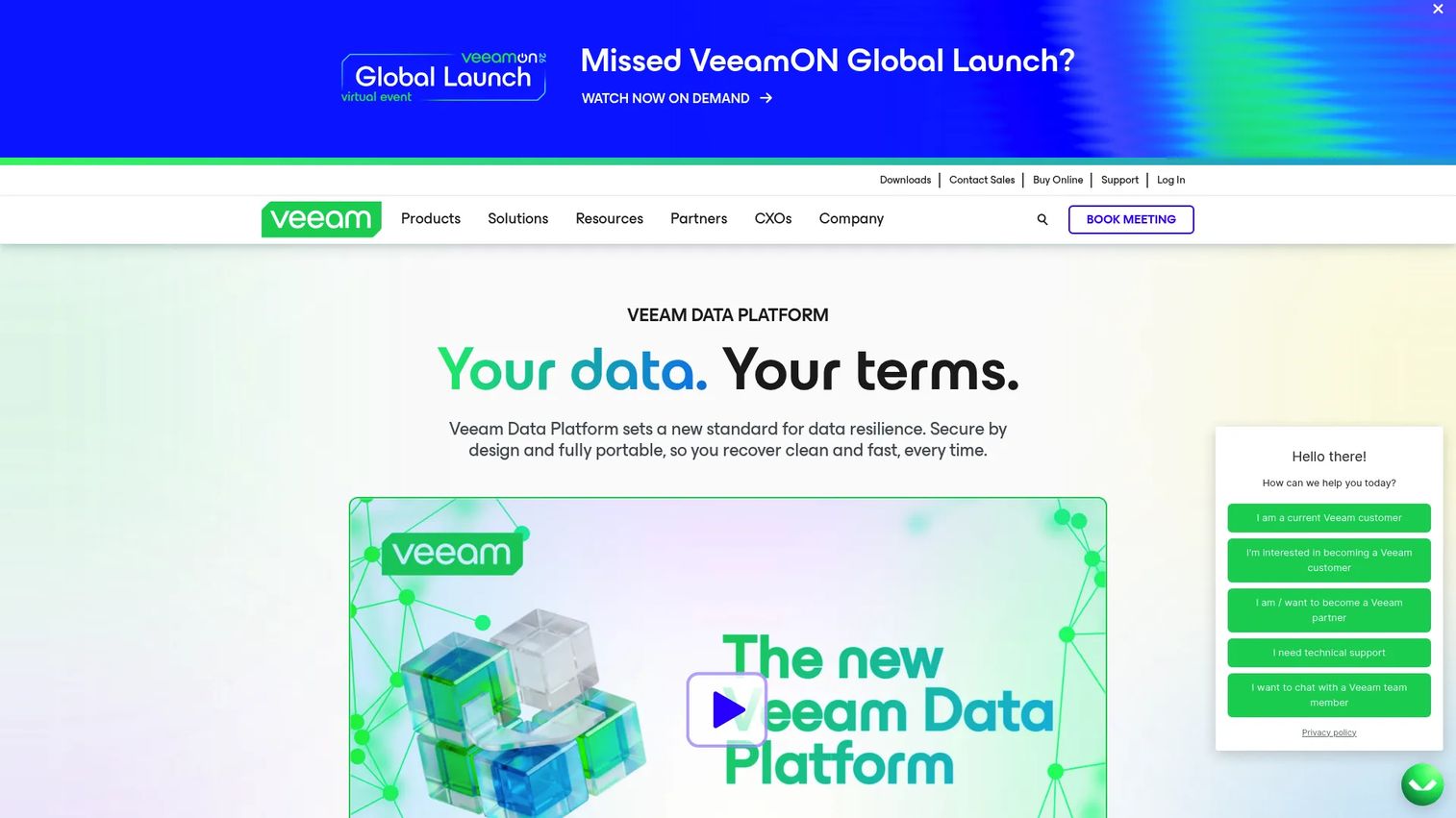 Veeam Data Platform product page showing data resilience and recovery features