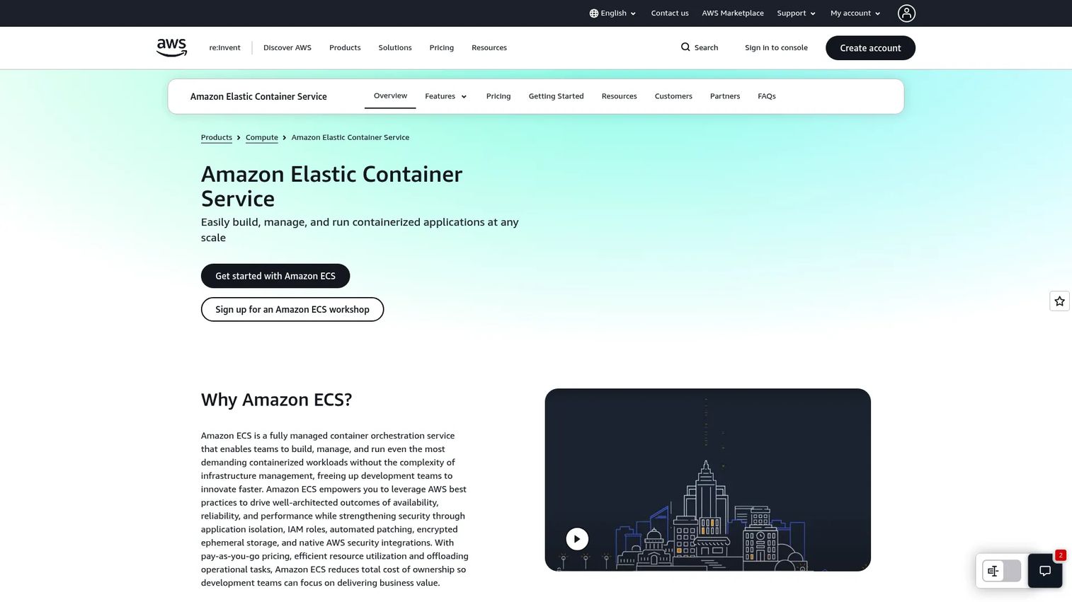 Amazon ECS AWS-native container orchestration service homepage