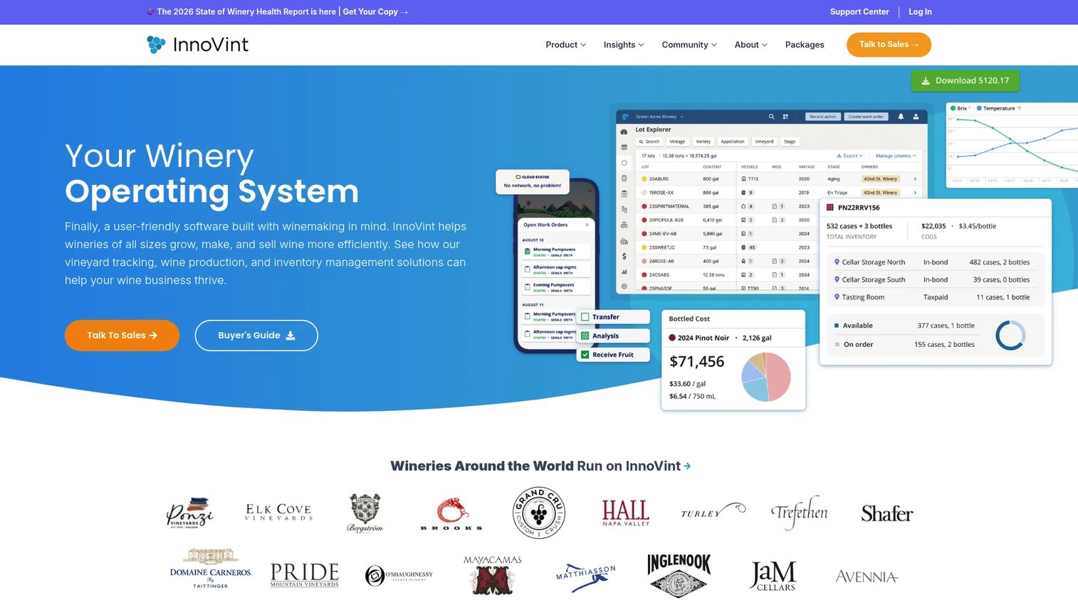 InnoVint winery management software showing vineyard and production operations