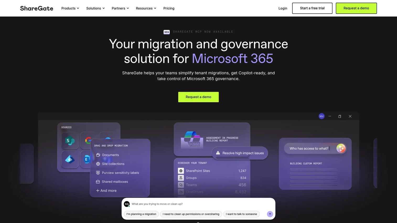 ShareGate Migrate homepage screenshot showing Microsoft 365 migration tools