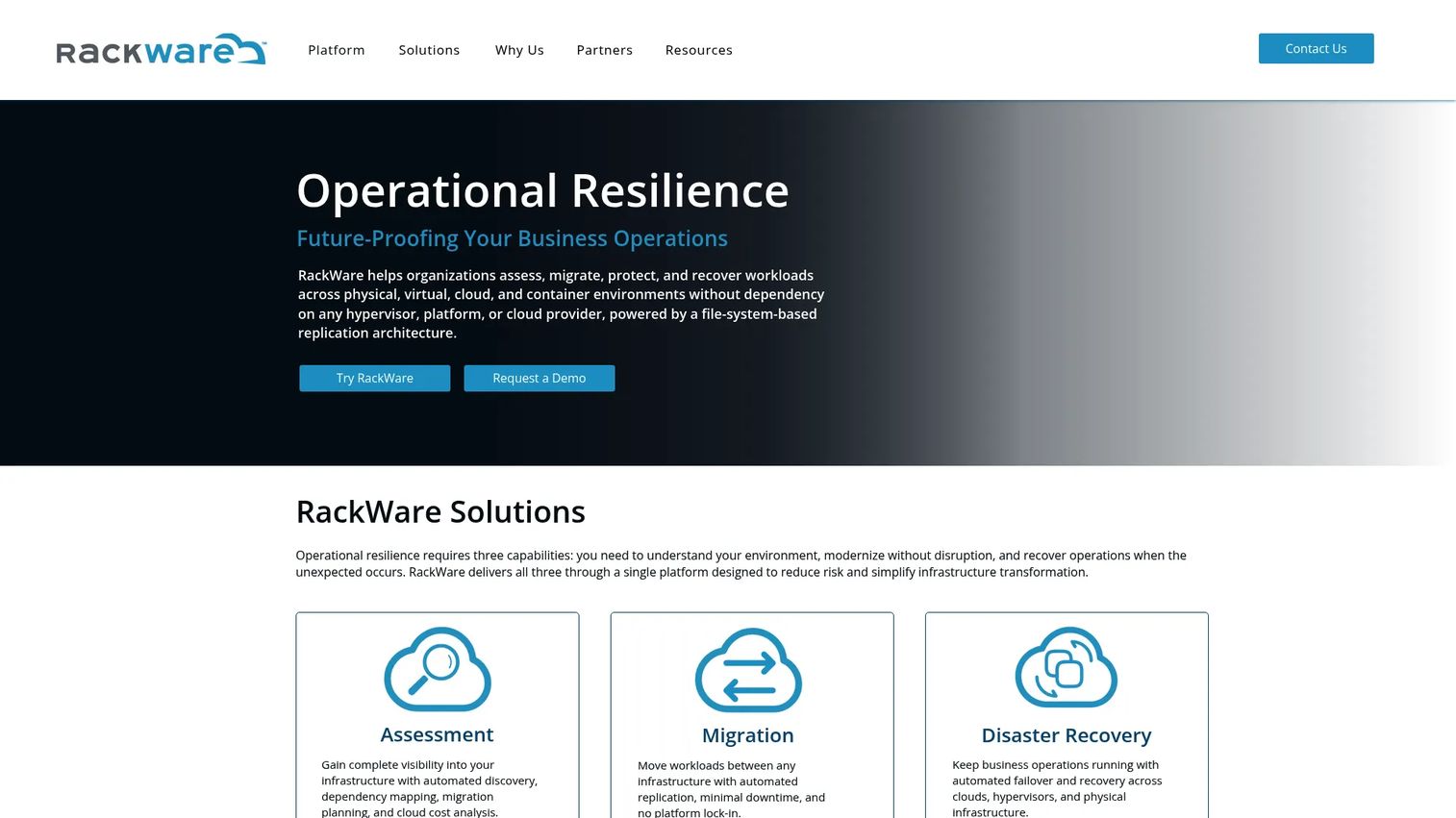 RackWare Management Module product page showing cloud migration, DR automation, and workload mobility features