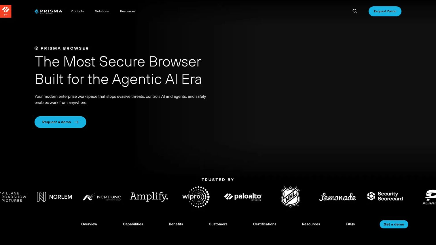 Prisma Browser product page showing zero trust browser security within the Palo Alto Networks platform