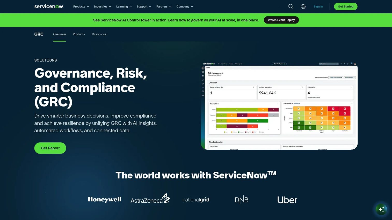 ServiceNow GRC workspace for enterprise risk and compliance management.