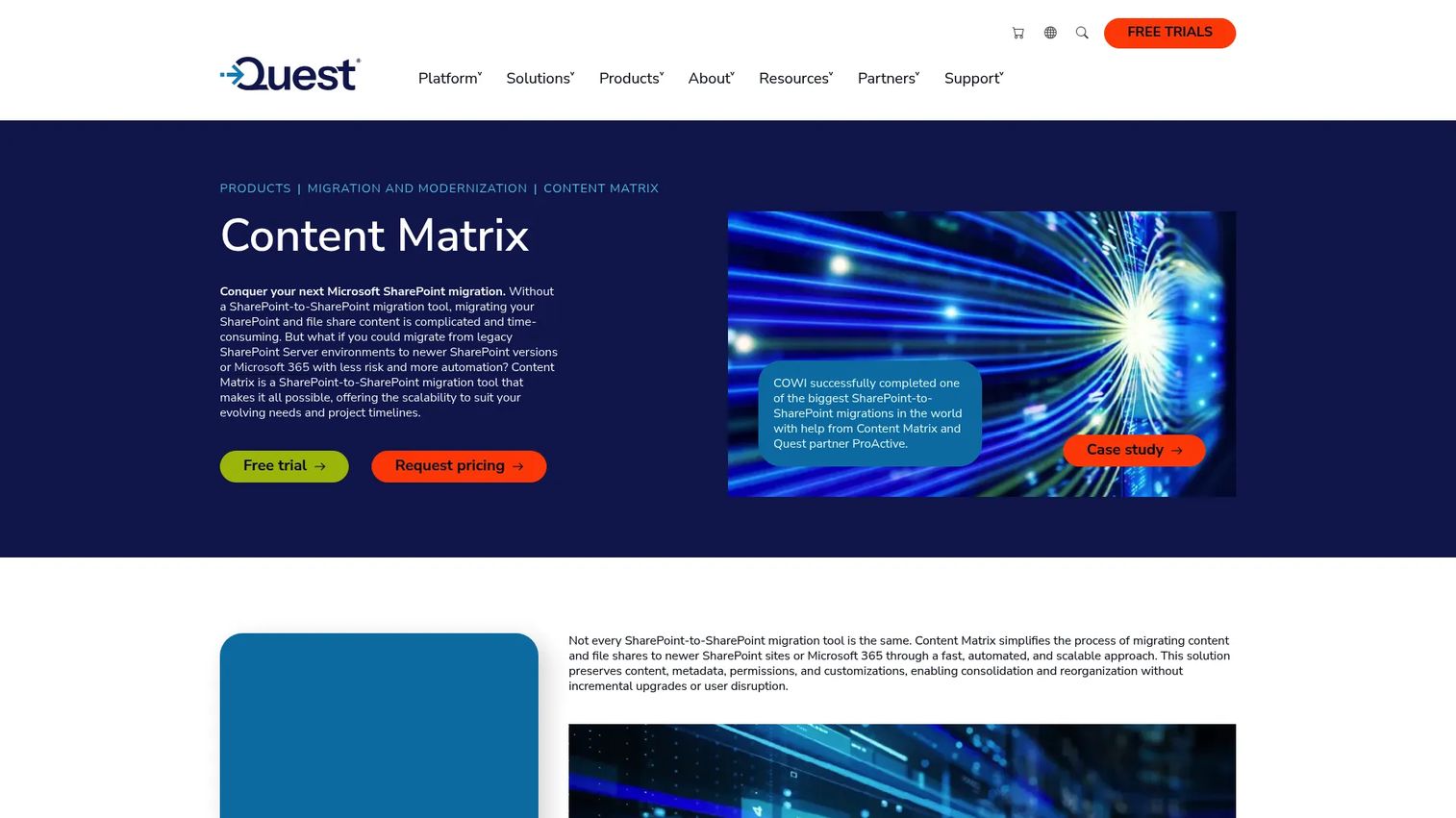 Metalogix Content Matrix homepage screenshot showing SharePoint migration interface