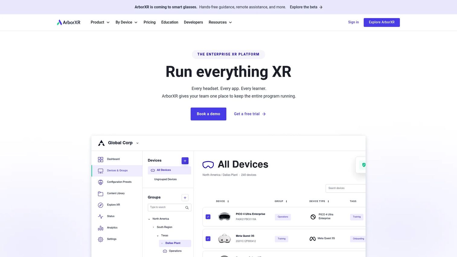 ArborXR homepage screenshot