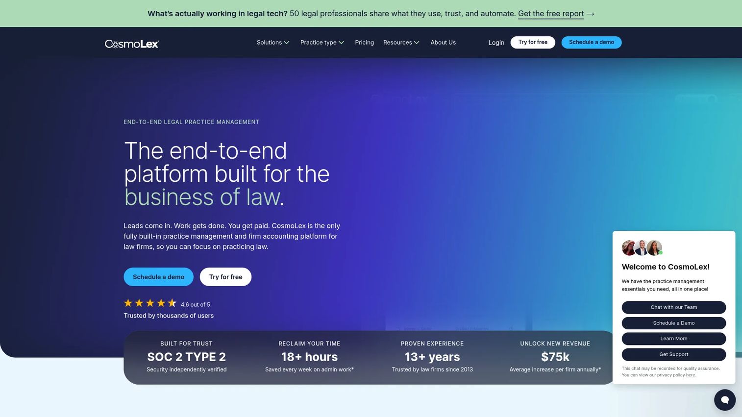 CosmoLex dashboard showing legal billing and accounting tools