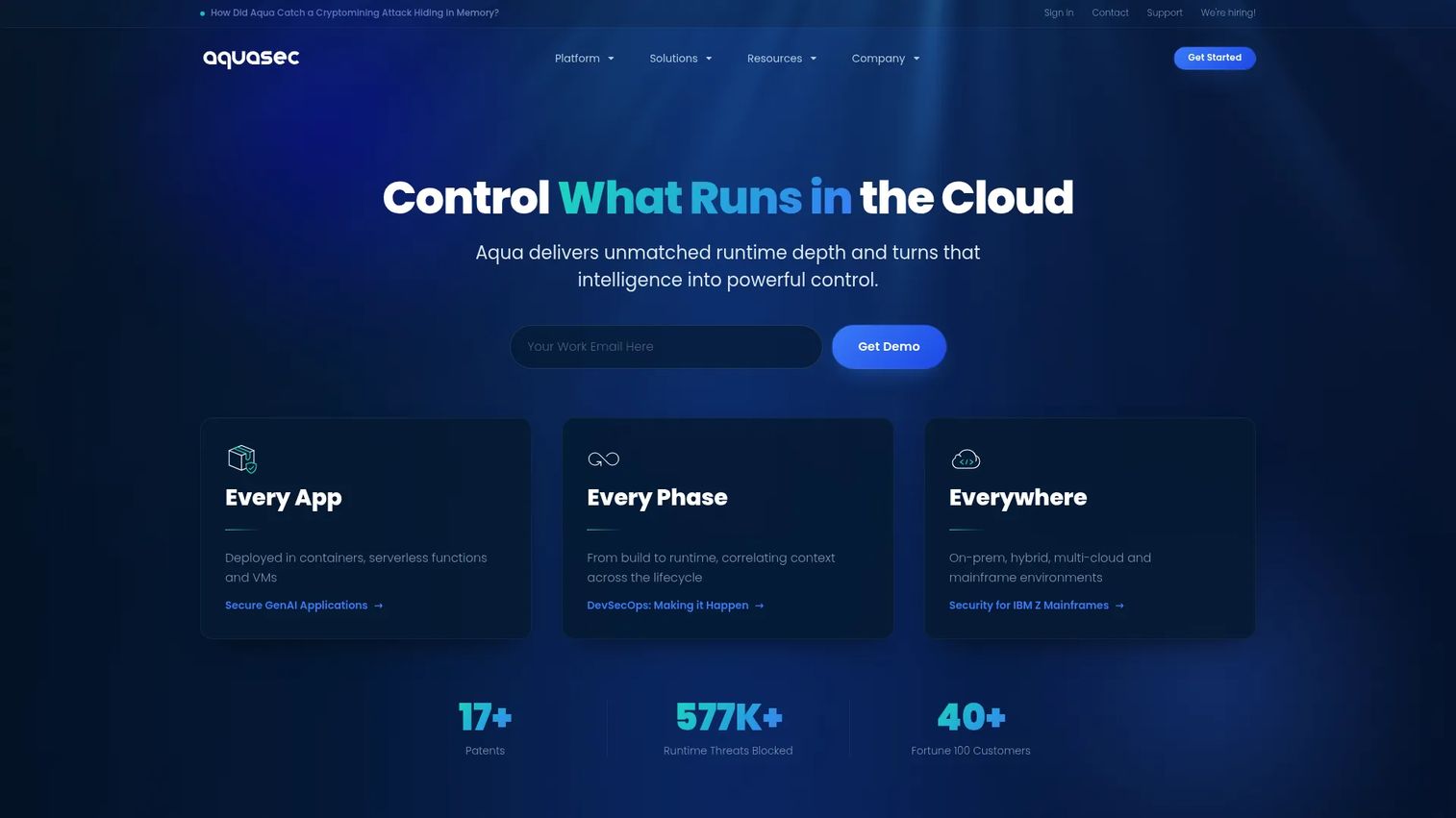 Aqua Security cloud-native security platform homepage