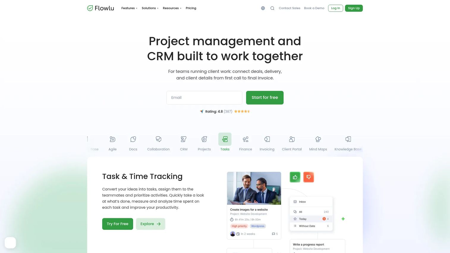 Flowlu project and CRM dashboard view